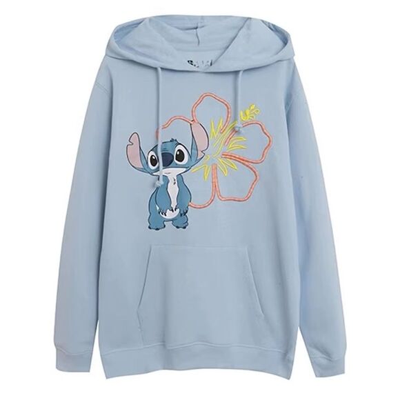 Disney Tops - Disney Stitch Floral Blue Hoodie Women Size L Pullover Casual